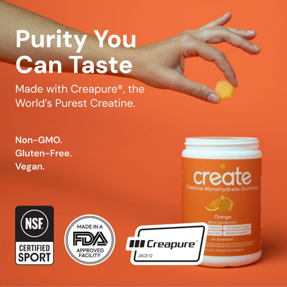 Create Creatine Monohydrate Gummies for Men & Women, Boost Focus, Strength, and Endurance, Anti-Melting Formula, Vegan, Gluten-Free, Non-GMO, 1.5g of Creatine per Gummy (Orange) CreateBuy Supplements Australia