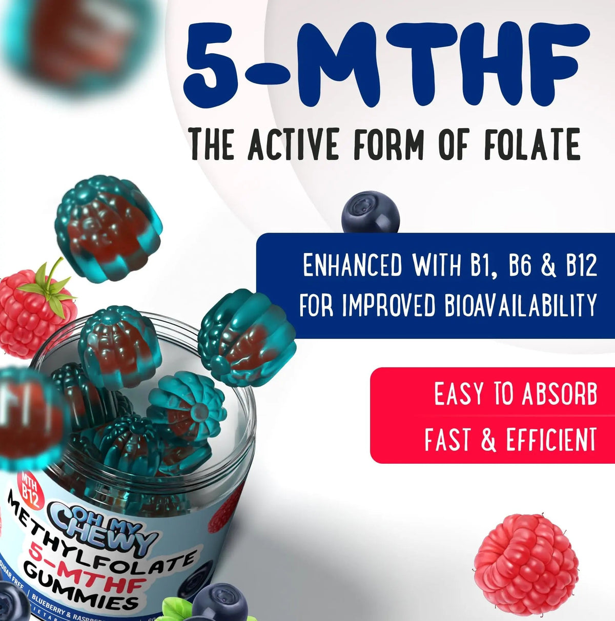 Center-Filled 5-MTHF Folate L-MethylFolate Sugar-Free Gummies - MTHFR Supplement Support with Methylated B1, B6 and Methyl B12 Multivitamins OH MY CHEWY