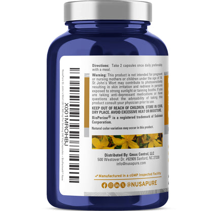 NusaPure St. John's Wort 20:1 Extract, 300 mg Equivalent to 6,000mg 240 Veggie Capsules (Vegetarian, Non-GMO & Vegan) Bioperine NusaPureBuy Supplements Australia