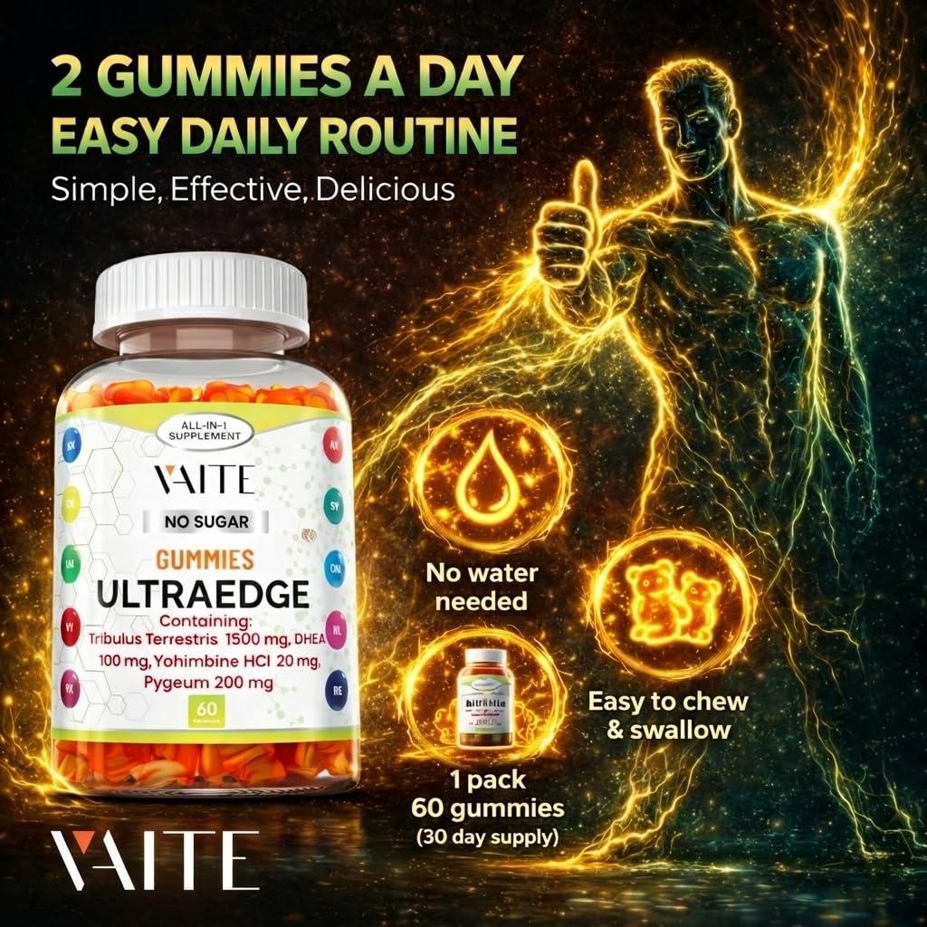 VAITE UltraEdge Herbal Complex Gummies – Tribulus Terrestris 1500mg, DHEA 100mg, Yohimbine HCl 20mg, Pygeum 200mg, Plant-Based Blend, 60 Vegan Gummies, Non-GMO, Gluten-Free, Adult Supplement VAITEBuy Supplements Australia