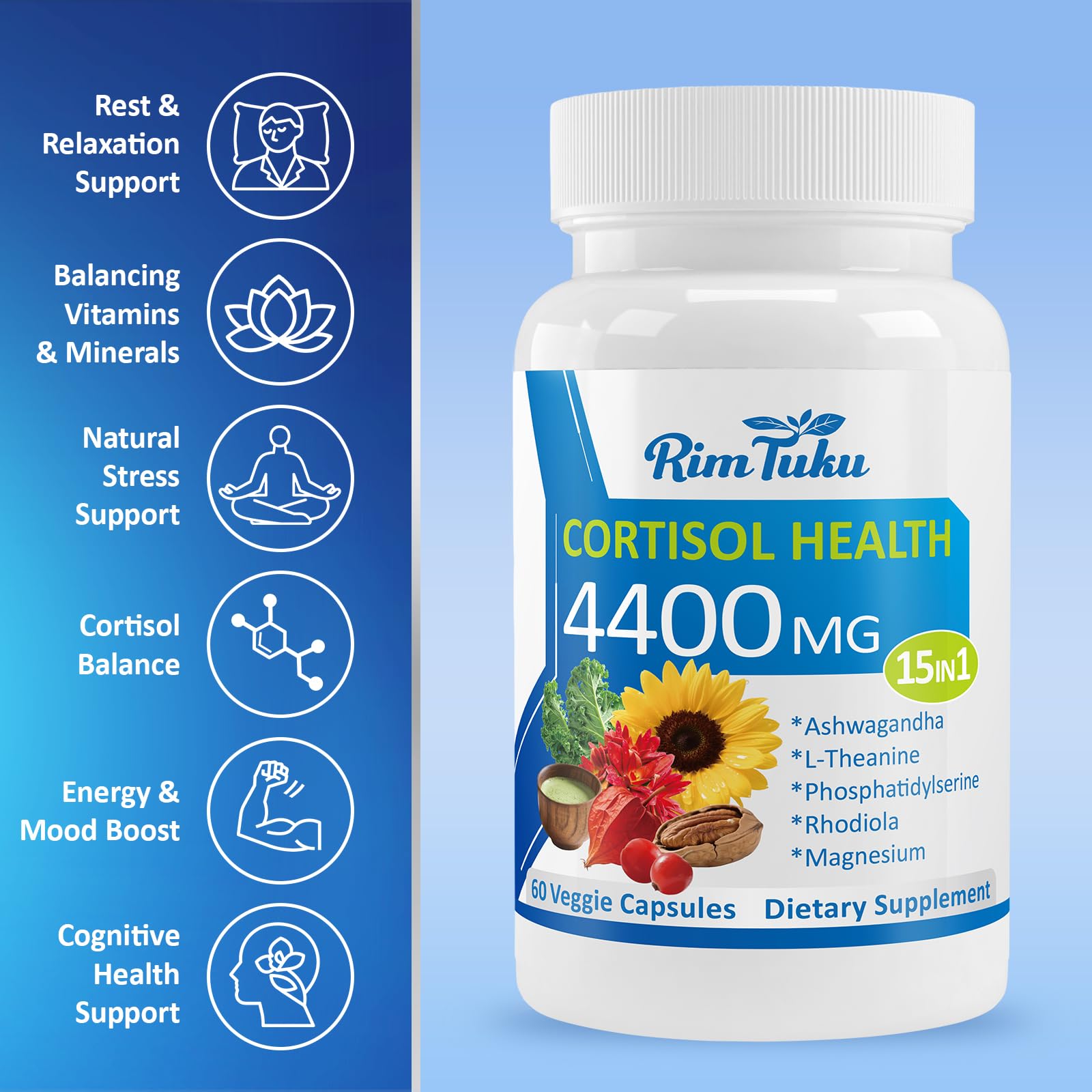 RimTuku Cortisol Supplements for Women & Men -15-in-1 Cortisol Detox for Women, Cortisol Manager & Reducer with Ashwagandha, Rhodiola Rosea Supports Stress Relief, Adrenal Balance, 120 Capsules RimTukuBuy Supplements Australia