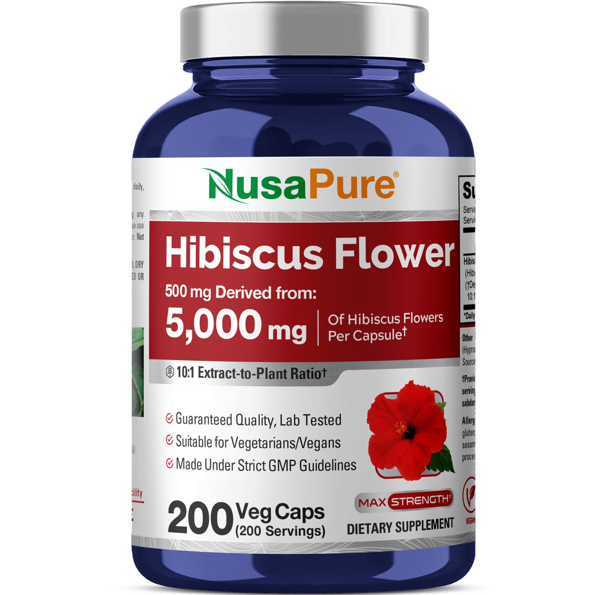 NusaPure Hibiscus Flower 10:1 Extract, 500 mg Equivalent to 5000mg 200 Vegetarian Caps (Non-GMO, Vegan) NusaPureBuy Supplements Australia