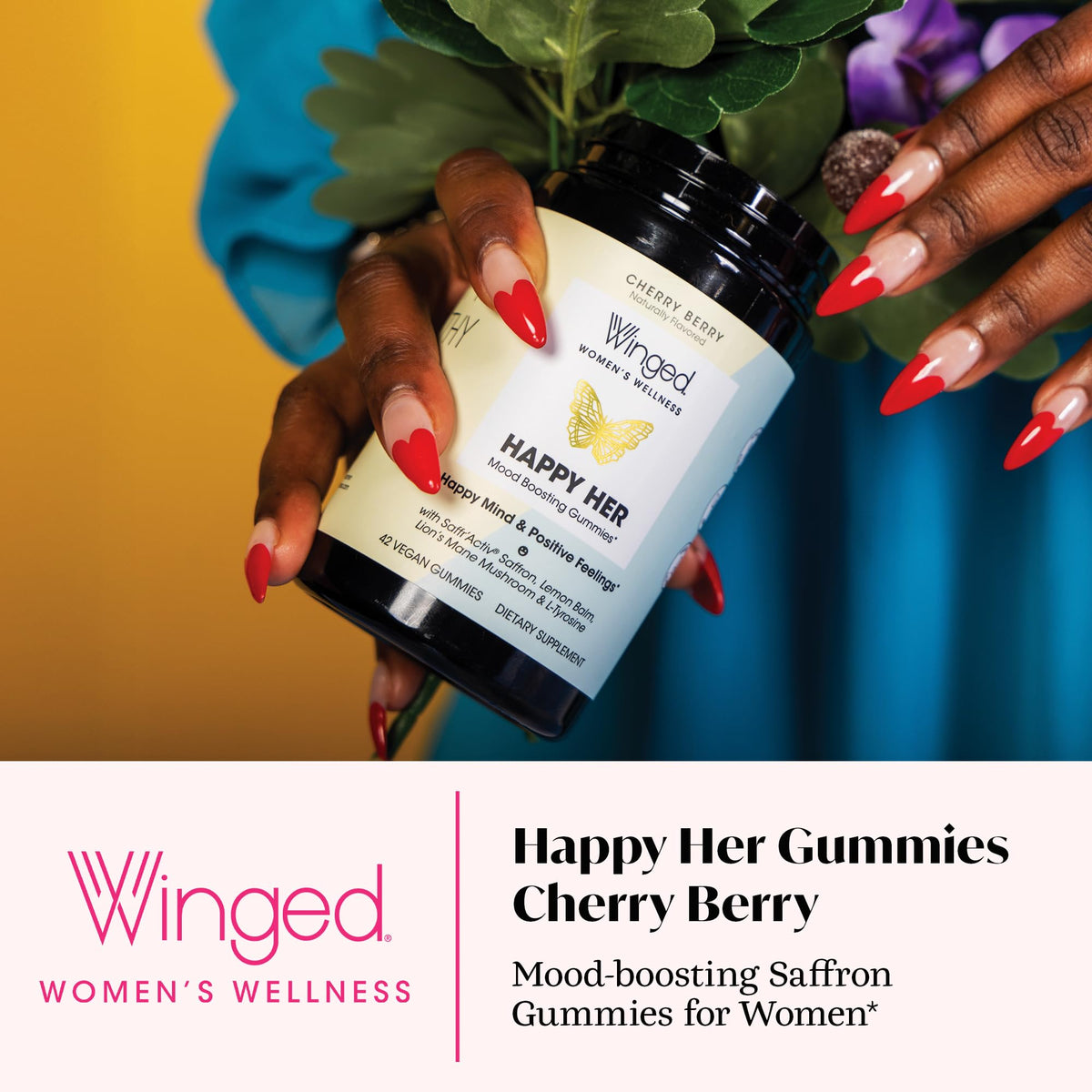 Winged Wellness Happy Her Mood Gummies - Daily Mood Enhancer Support Supplement for Women - Vitamin D with Saffron, Lemon Balm, & Lions Mane Mushrooms for Balance & Calming Relief - 50 Vegan Gummies WingedBuy Supplements Australia