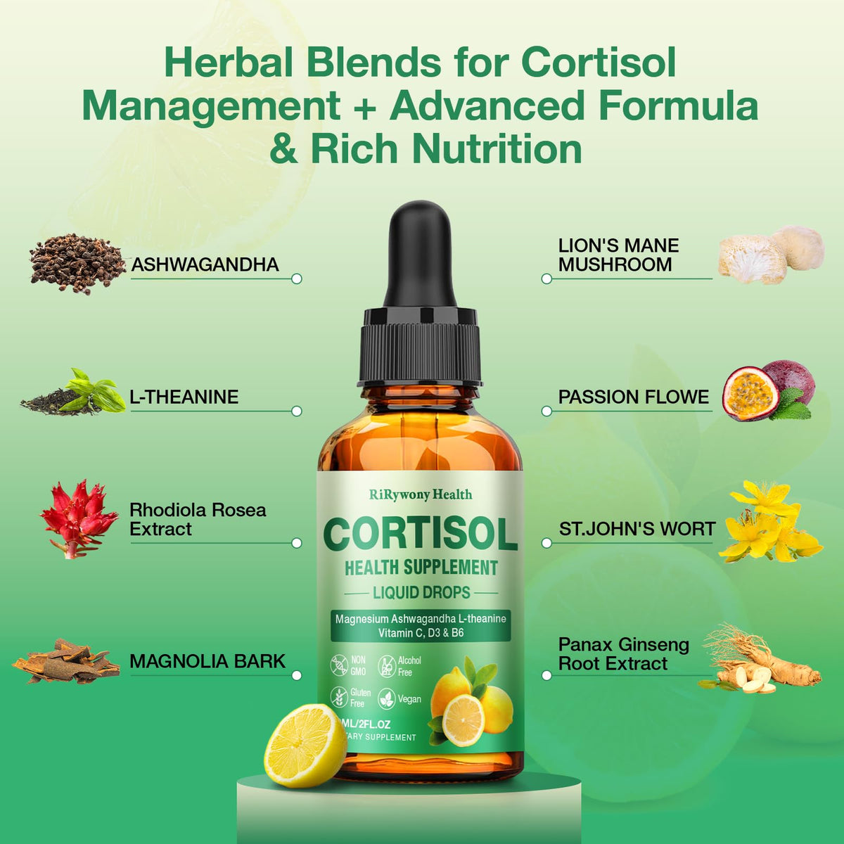 Cortisol Supplement for Women & Men - Cortisol Detox Reducer Magnesium Glycinate, Ashwagandha, L-Theanine, Phosphatidylserine - Hormone Balance for Calm Mood Focus Sleep (2 FL.OZ Lemon) RiRywony HealthBuy Supplements Australia