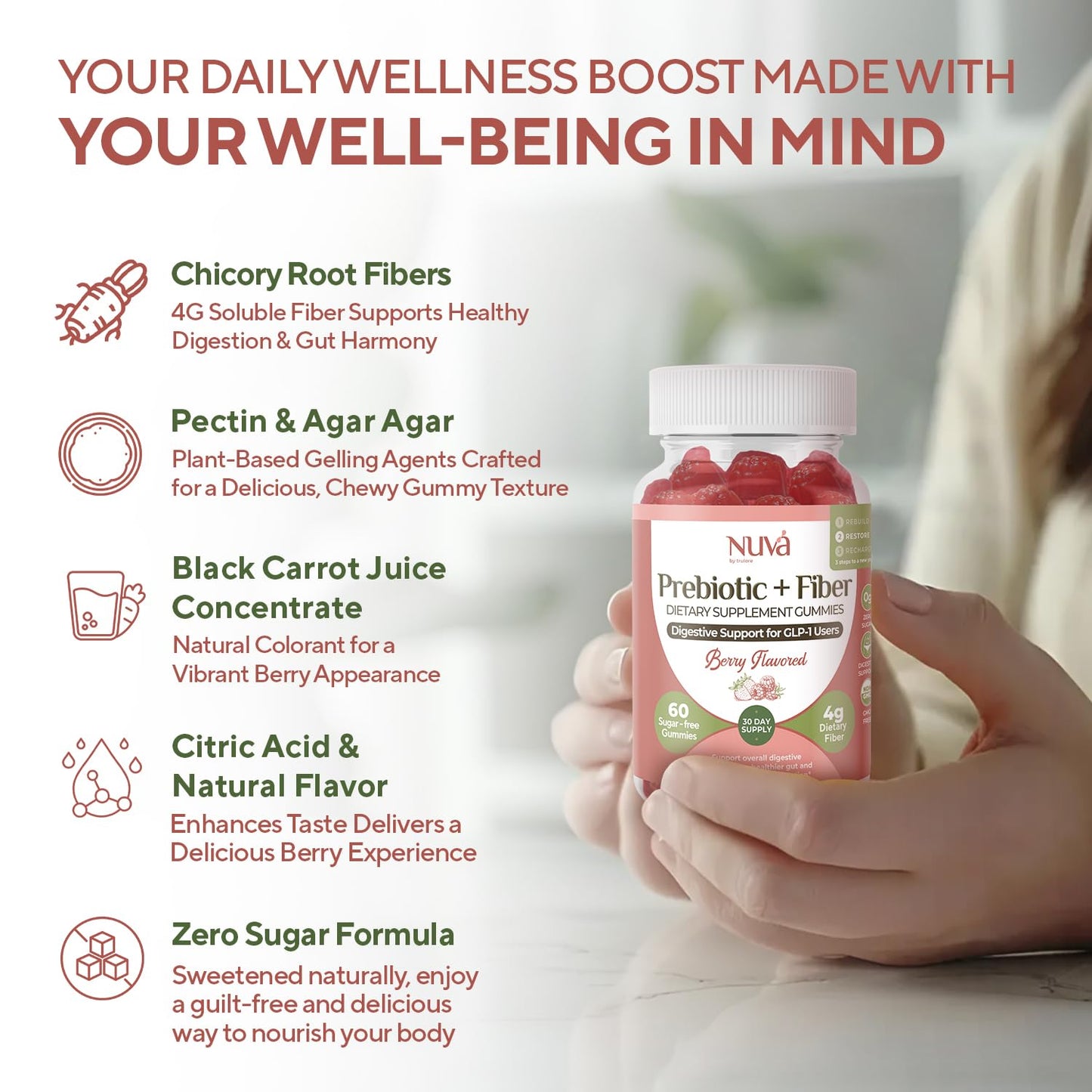 NuVa by Trulore Prebiotic + Fiber Gummies |  User Nutritional Support | Sugar Free Fiber Gummies for Adults | Berry Flavor | Non-GMO Digestive Balance for Men & Women | 60 Gummies - 30 day Supply