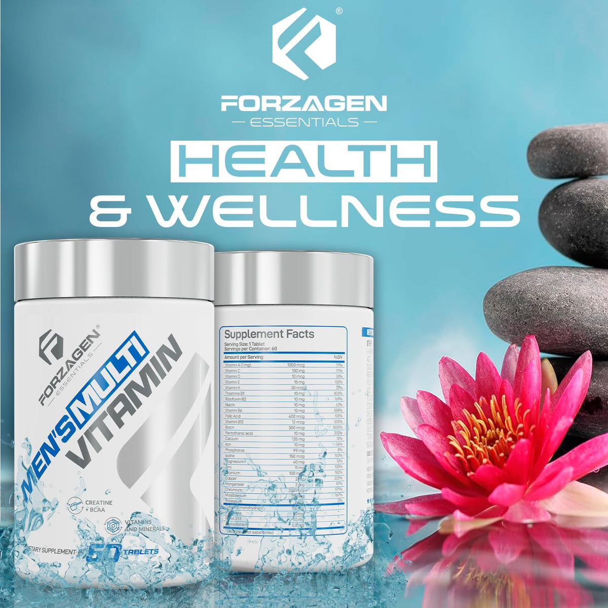 Forzagen Essentials Men's Multivitamin with Creatine and BCAA, Complete Vitamin and Mineral Complex, 60 Tablets Forzagen buy supplements Au