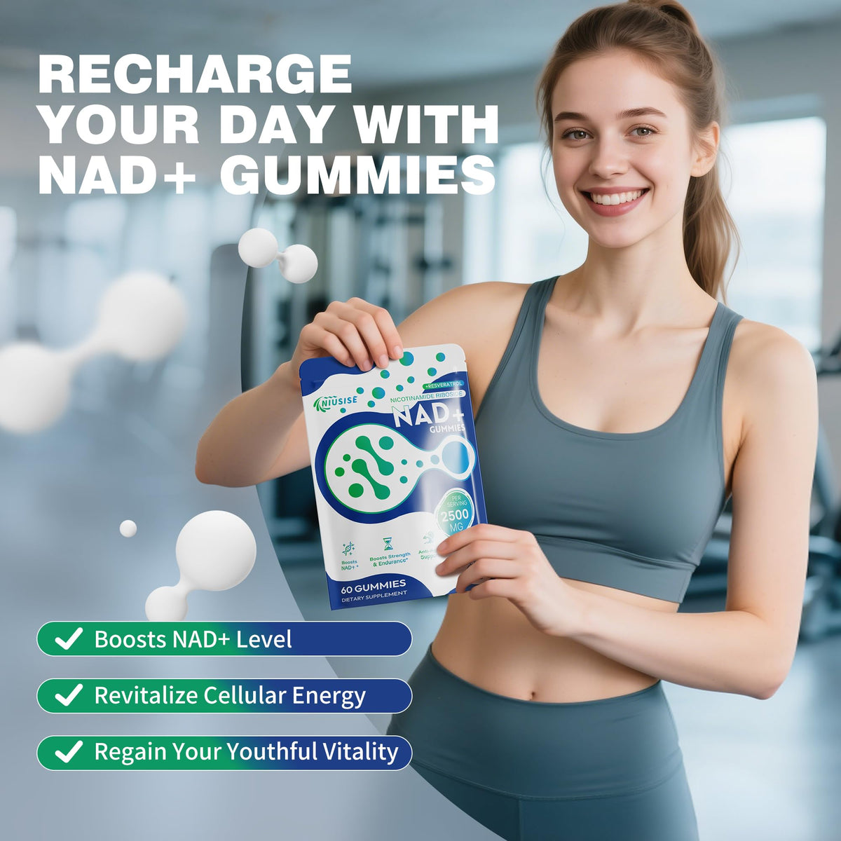 NIUSISE NAD Gummies Sugar Free, NAD+ Supplement with Liposomal Nicotinamide Riboside, Resveratrol, Quercetin, NAD Supplement for Anti-Aging, Energy, Cellular Health, Blueberry Flavor, 60 Gummies NIUSISEBuy Supplements Australia