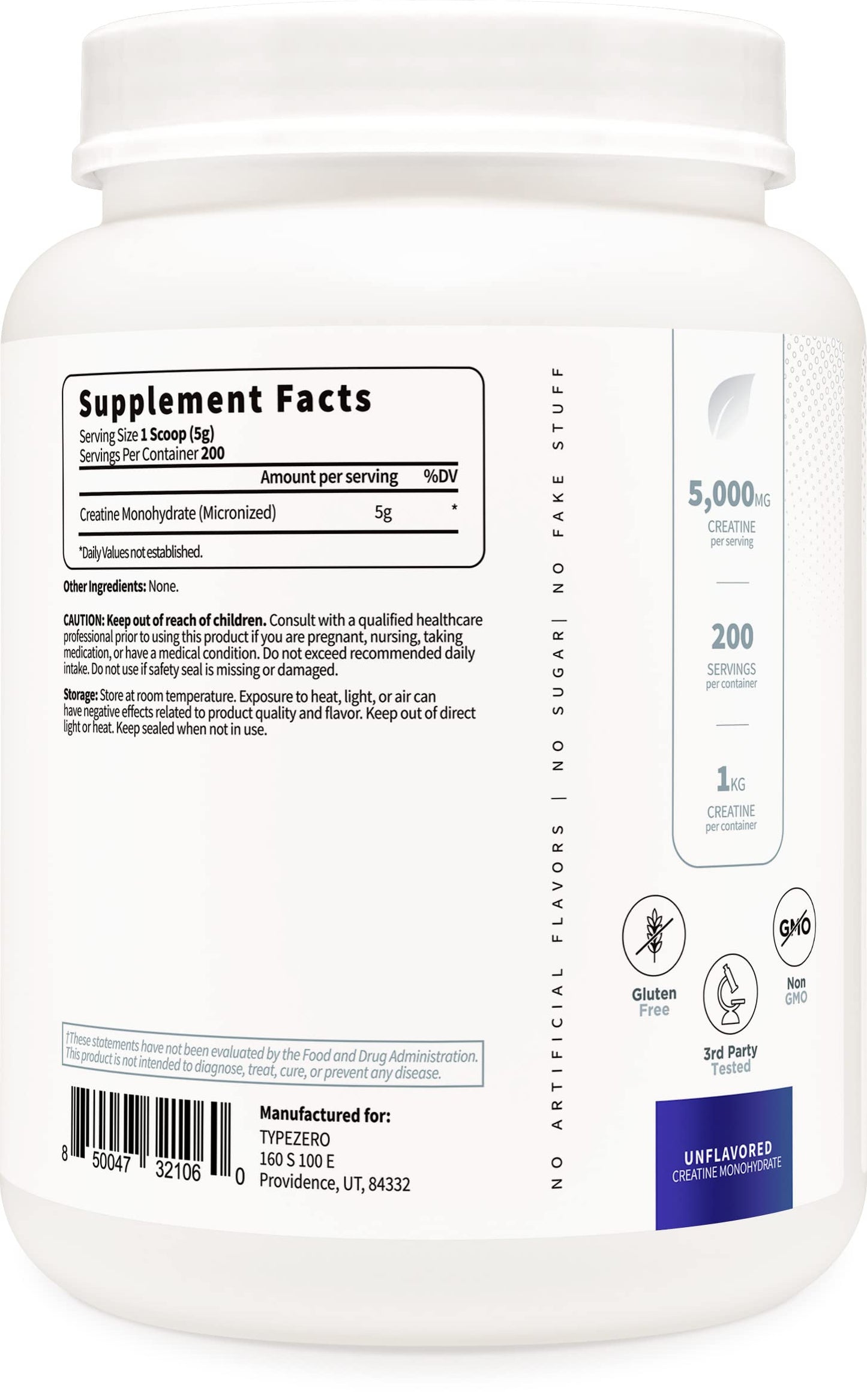 Type Zero Creatine Monohydrate (Unflavored) 1 KG, 5000mg (5g) Per Serving, Micronized, Zero Sugar, Keto Friendly & Gluten Free, 200 Servings Type ZeroBuy Supplements Australia