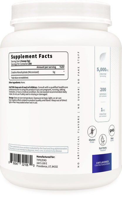 Type Zero Creatine Monohydrate (Unflavored) 1 KG, 5000mg (5g) Per Serving, Micronized, Zero Sugar, Keto Friendly & Gluten Free, 200 Servings Type ZeroBuy Supplements Australia