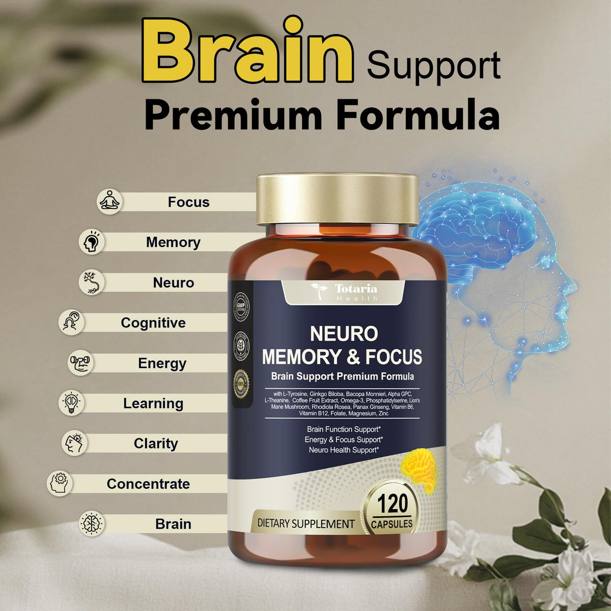25 in 1 Brain Supplements for Memory and Focus & Neuro Health - Daily Brain Nootropic Cognitive Supplement with L-Tyrosine, Bacopa Monnieri, Ginkgo Biloba, Alpha GPC - Non-GMO, Gluten Free TotariaBuy Supplements Australia