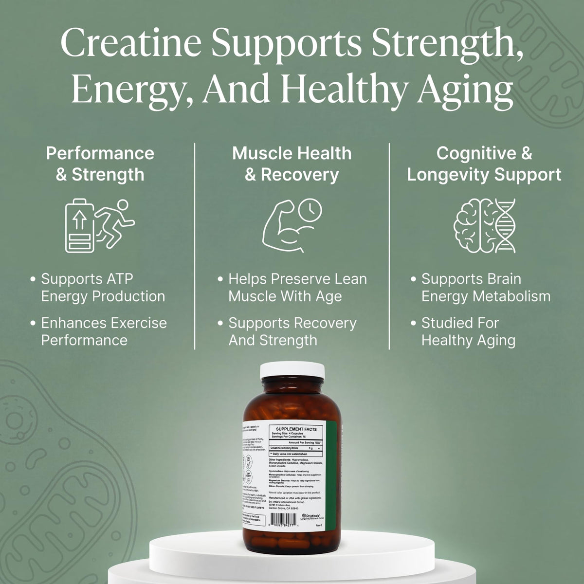 PRISTINE'S Creatine Monohydrate Capsules for Women & Men - NSF Certified 75 Day Supply 3G Muscle Growth Support Supplement - Cognitive & Athletic Performance Support - Enhanced Recovery PRISTINE'SBuy Supplements Australia