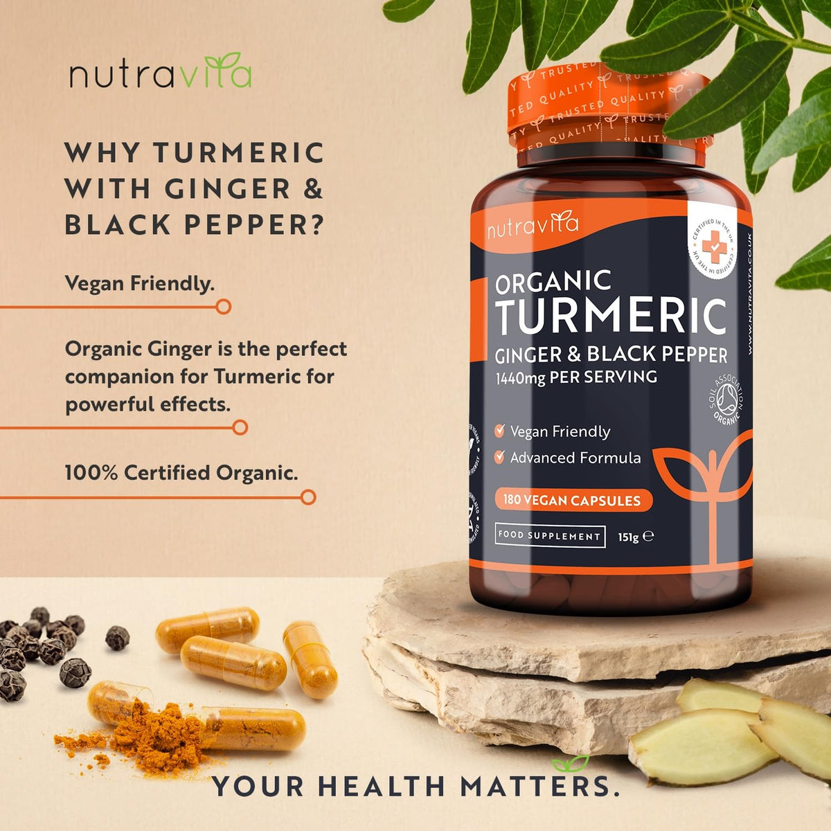 Organic Turmeric 1440mg (High Strength) with Black Pepper & Ginger - 180 Vegan Turmeric NutravitaBuy Supplements Australia