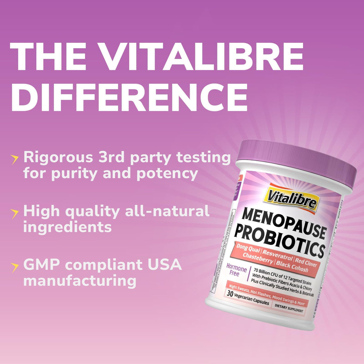 Vitalibre Menopause Probiotics for Women 70 Billion CFU, 12 Targeted Strains, Organic Prebiotics, Black Cohosh Resveratrol Red Clover Chasteberry Dong Quai, Hot Flash Night Sweat+, No Estrogen, 30 Ct VitalibreBuy Supplements Australia