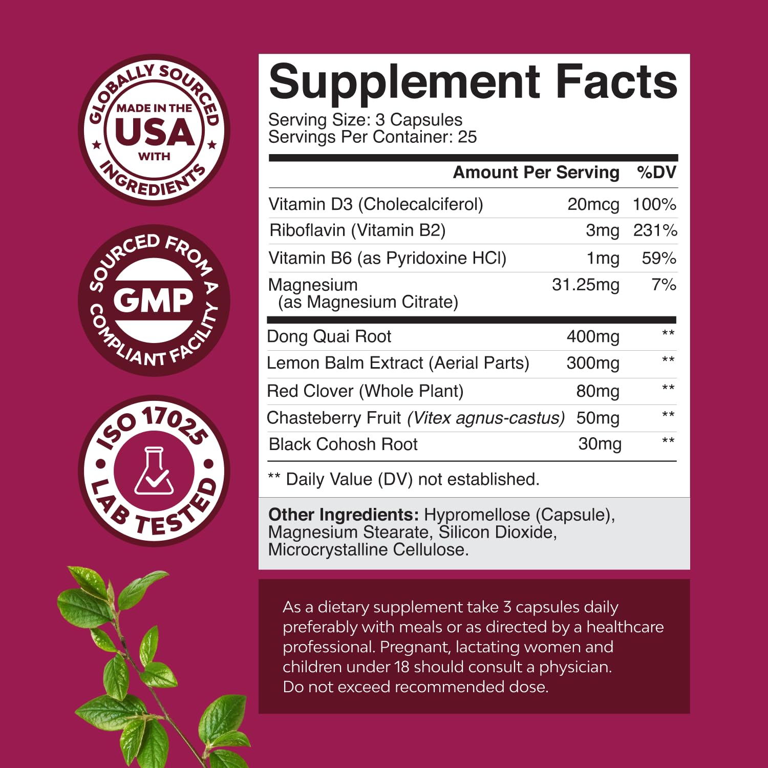 Complete Herbal Menopause Supplement for Women - Soy Free Female Hormone Balance Capsules for Night Sweats Hot Flashes & Mood Swings with Dong Quai, Chaste Berry & Black Cohosh Root - 75 Count Natures CraftBuy Supplements Australia
