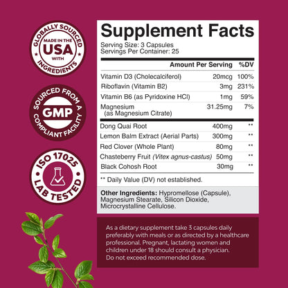 Complete Herbal Menopause Supplement for Women - Soy Free Female Hormone Balance Capsules for Night Sweats Hot Flashes & Mood Swings with Dong Quai, Chaste Berry & Black Cohosh Root - 75 Count Natures CraftBuy Supplements Australia
