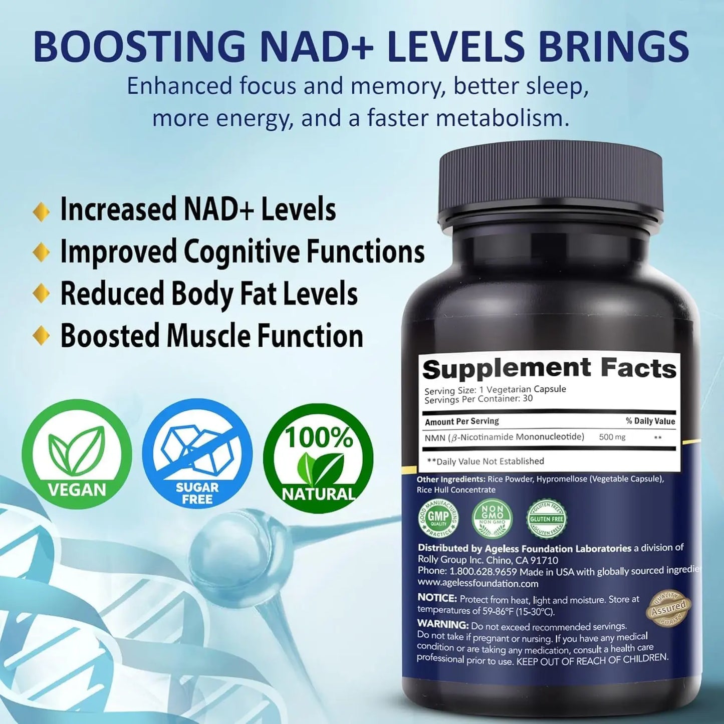 NMN Supplement 500mg Nicotinamide Mononucleotide | Supports NAD+ Levels, Energy, Cognitive Function, Muscle Health & Healthy Body Composition – Capsules (30) Ageless Foundation LaboratoriesBuy Supplements Australia