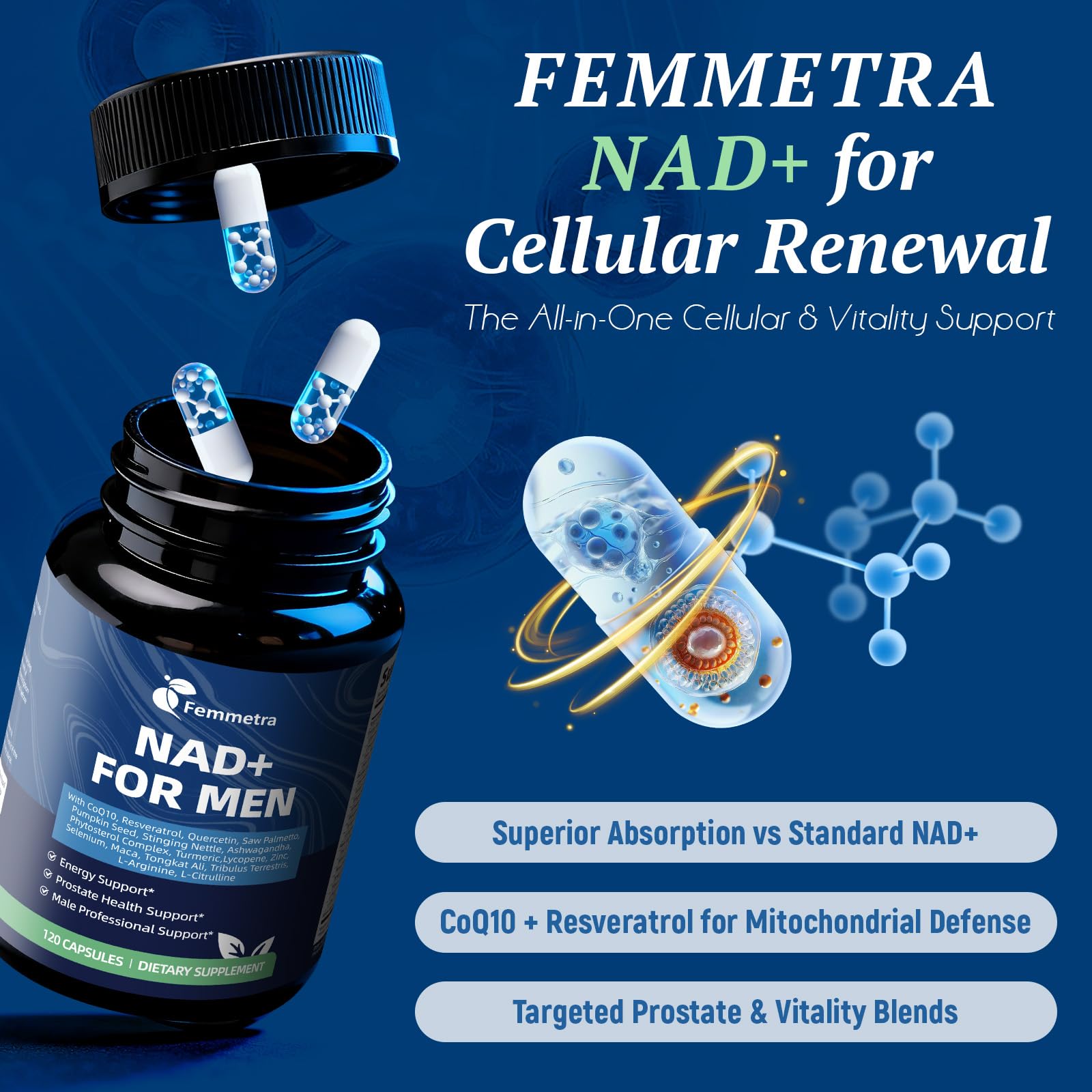 Femmetra NAD+ Supplements for Men with Saw Palmetto | All-in-One Cellular Energy, Prostate Support & Nitric Oxide Supplement with Resveratrol, L-Arginine | Non-GMO, 120 Capsules FemmetraBuy Supplements Australia