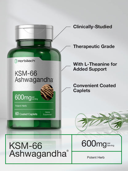 Horbäach KSM-66 Ashwagandha 600mg | with L-Theanine | 60 Coated Caplets | Vegan, Non-GMO, Gluten Free Complex Supplement HorbäachBuy Supplements Australia