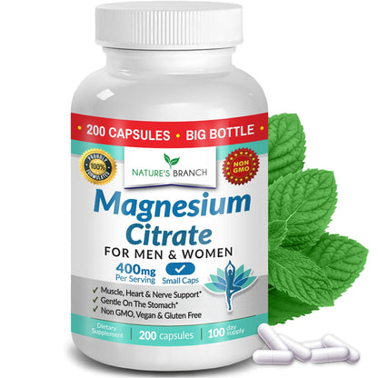 Magnesium Citrate 400mg | 200 Capsules, High Absorption for Sleep, Relax, Leg Cramps, Energy, Extra Strength Easy to Swallow Small Pills for Women & Men, Vegan Supplement for Digestion, Not Tablets NATURE'S BRANCHBuy Supplements Australia