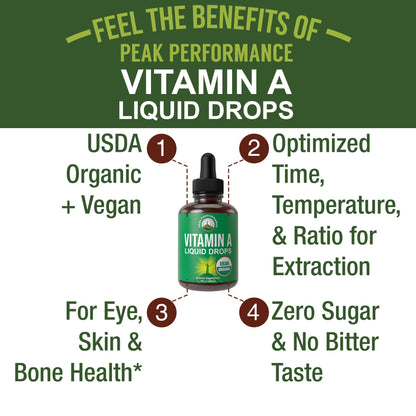 USDA Organic Vitamin A Liquid Drops Supplement. Vegan High Bioavailability for Eye, Skin + Bone Health. for Adults, Men, Women, Kids. Vit A Oil Retinyl Palmitate. Gluten Free, Zero Sugar. 100 Servings Peak PerformanceBuy Supplements Australia