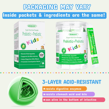 ZEBORA Kids Probiotic & Prebiotics Powder Age 3+ Support Children's Digestive & Immune System with Natural Source, Promotes Constipation Relief, Non-GMO