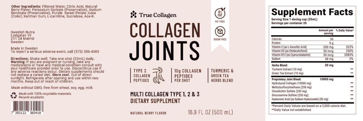 True Collagen Joints | 10,000 mg Hydrolyzed Collagen Liquid Supplement - 500 ml, 20 Day Supply | Glucosamine, MSM and Chondroitin for Healthy Joints | Fat-Free, Sugar-Free, 100% Natural Berry Flavor True CollagenBuy Supplements Australia