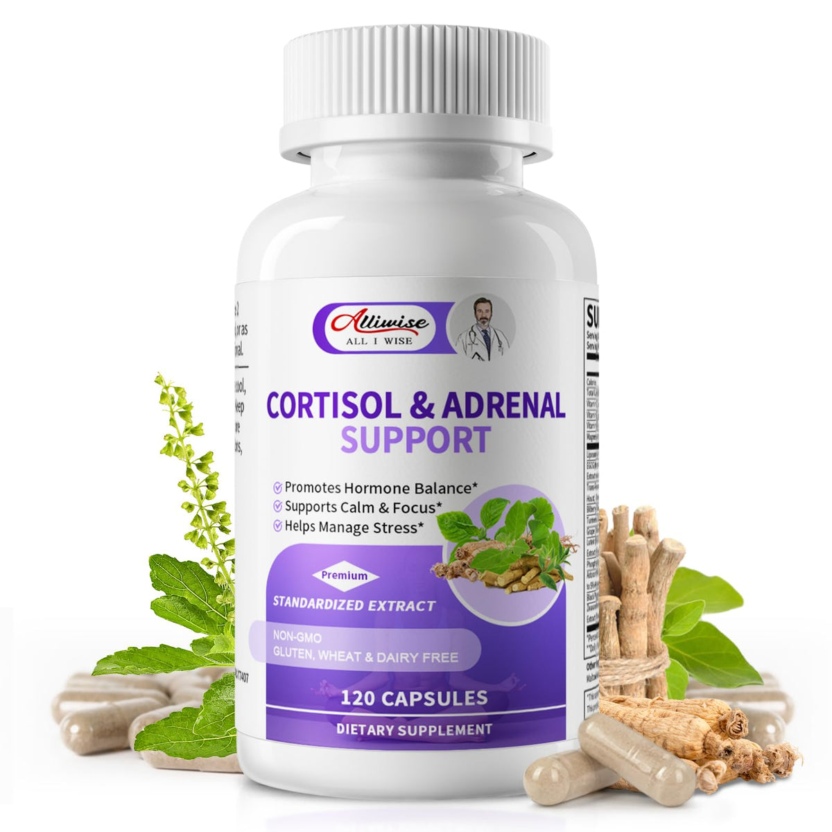 Alliwise Cortisol Supplements for Women & Men - Adrenal Support with Ashwagandha, L-Theanine & Holy Basil for Stress Relief, Mood & Steady Focus - Hormone Balance - 120 Vegan Capsules AlliwiseBuy Supplements Australia