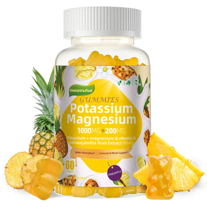 Potassium Magnesium Gummies,High Absorption Magnesium Glycinate,B6,D3,Potassium Citrate for Leg Cramps,Muscle,Electroyte for Adults Kids,Sugar-Free, 60 Gummies (Pineapple) WekannufodBuy Supplements Australia