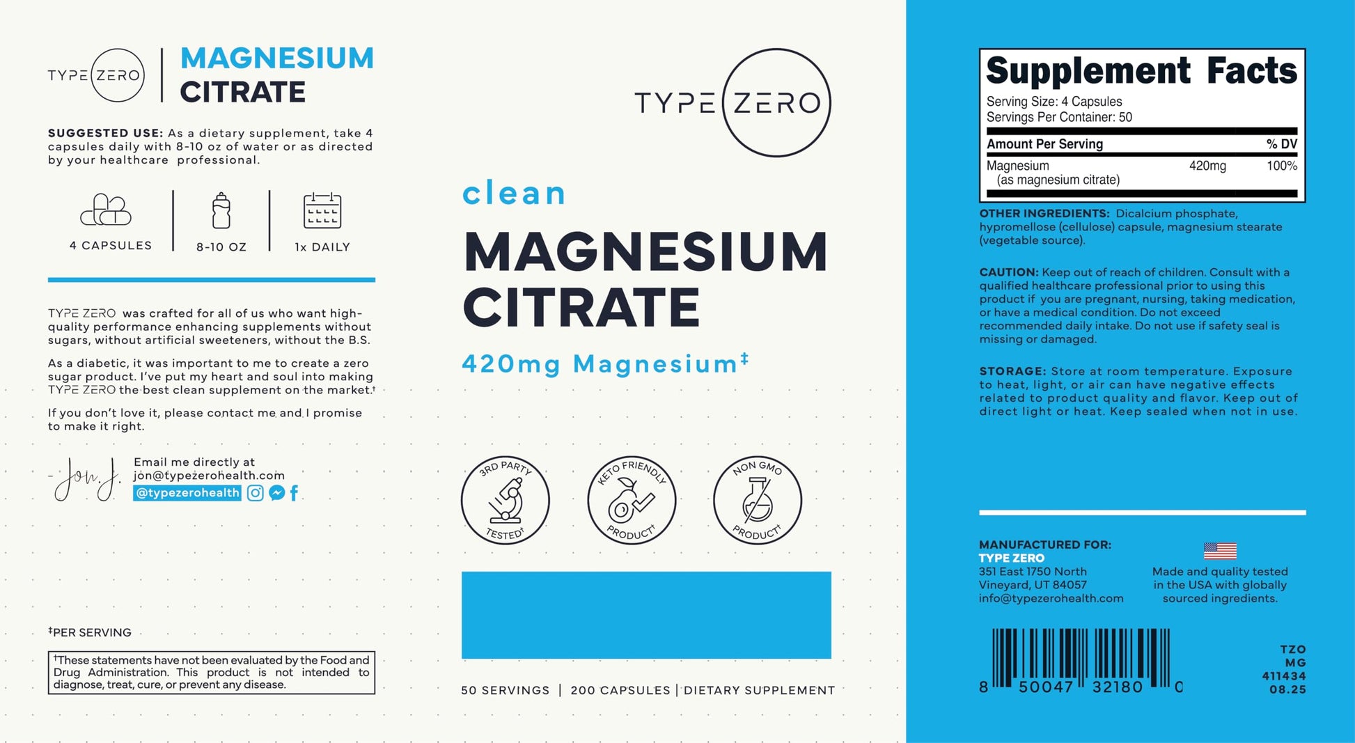 Type Zero Clean Magnesium Citrate Capsules (420mg Per Serving - 200 Capsules) Pure Magnesium Citrate Supplement, Non-GMO - Gluten Free, 50 Servings Type ZeroBuy Supplements Australia