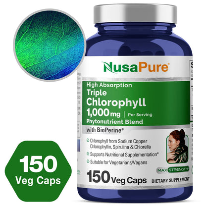 NusaPure High Absorption Triple Chlorophyll 1000 mg 150 Veg Caps Suitable for Vegetarians and Vegans, Non-GMO NusaPureBuy Supplements Australia