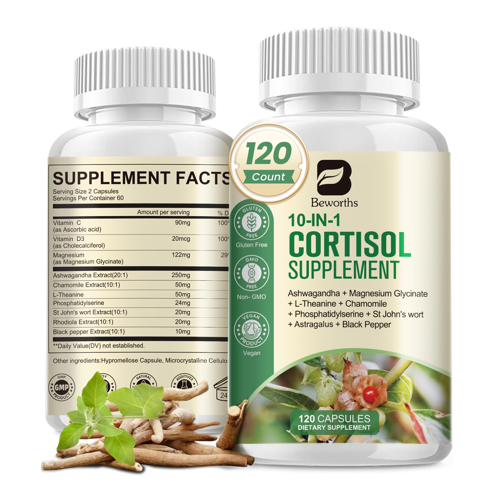 B BEWORTHS Cortisol Supplements for Women Men, 10-in-1 Cortisol Detox with Ashwagandha, Magnesium, L-Theanine, Balanced Cortisol Levels, Night & Calm Support, 120 Vegan Capsules B BEWORTHSBuy Supplements Australia