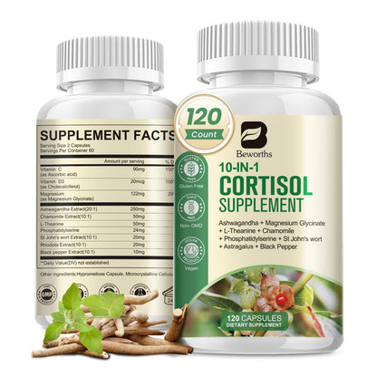 B BEWORTHS Cortisol Supplements for Women Men, 10-in-1 Cortisol Detox with Ashwagandha, Magnesium, L-Theanine, Balanced Cortisol Levels, Night & Calm Support, 120 Vegan Capsules B BEWORTHSBuy Supplements Australia