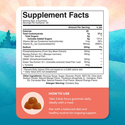 Kids Focus Gummies - Nootropics Brain Support Supplement for Kids with Green Tea Extract, B6 & B12 Vitamins for Memory and Brain Focus - Herbal Concentration Chews for Children - 90 Count Natures CraftBuy Supplements Australia