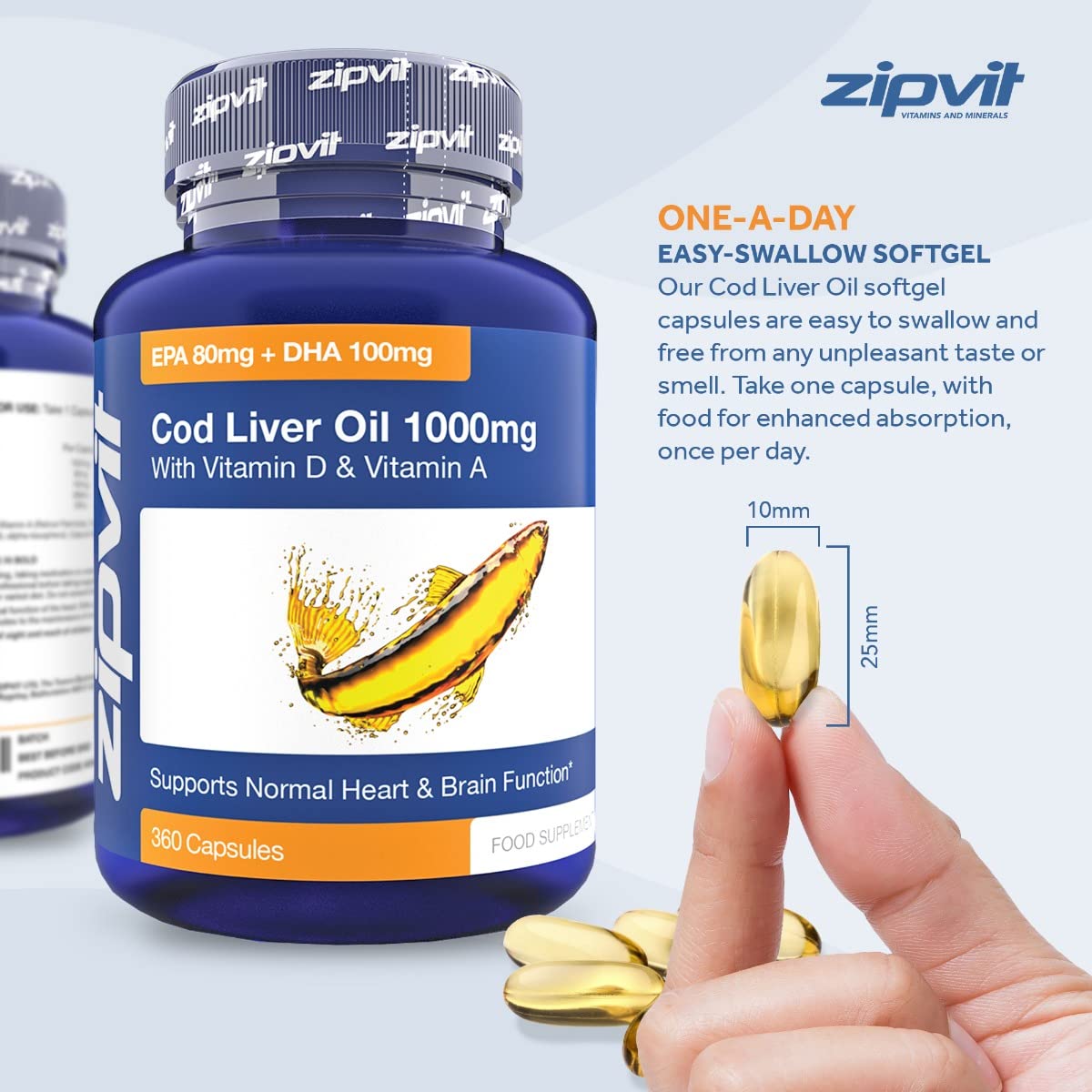 Cod Liver Oil 1000mg, 360 Capsules of High Strength Fish Oil, Rich in Omega 3. Supports ZipvitBuy Supplements Australia