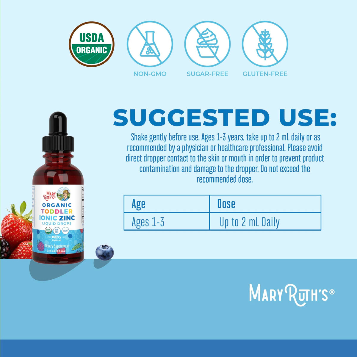 MaryRuth Organics USDA Toddler Liquid Drops | Zinc Sulfate | Immune Support Supplement| Skin Health | Vegan | Formulated for Ages 1-3 | Delicious Berry Flavor | 1 Month Supply | 2 Fl Oz MARYRUTH'SBuy Supplements Australia