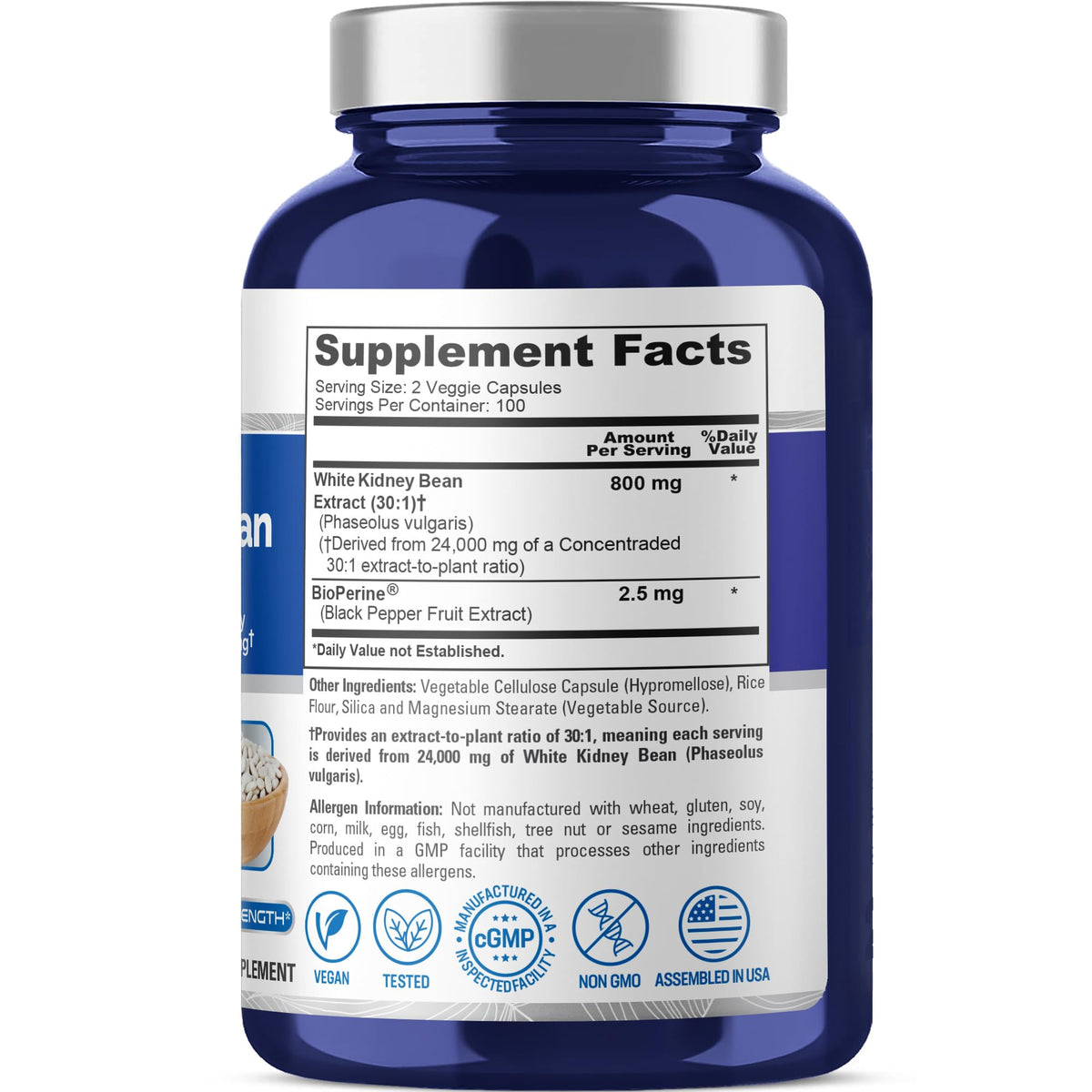 NusaPure White Kidney Beans 30:1 Extract, 800 mg Equivalent to 24,000 mg 200 Vegan Capsules - Bioperine - (Vegan, Non-GMO) NusaPureBuy Supplements Australia