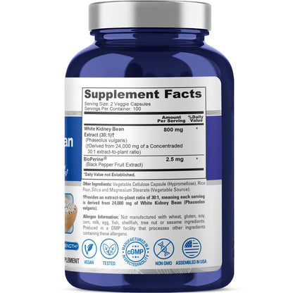 NusaPure White Kidney Beans 30:1 Extract, 800 mg Equivalent to 24,000 mg 200 Vegan Capsules - Bioperine - (Vegan, Non-GMO) NusaPureBuy Supplements Australia