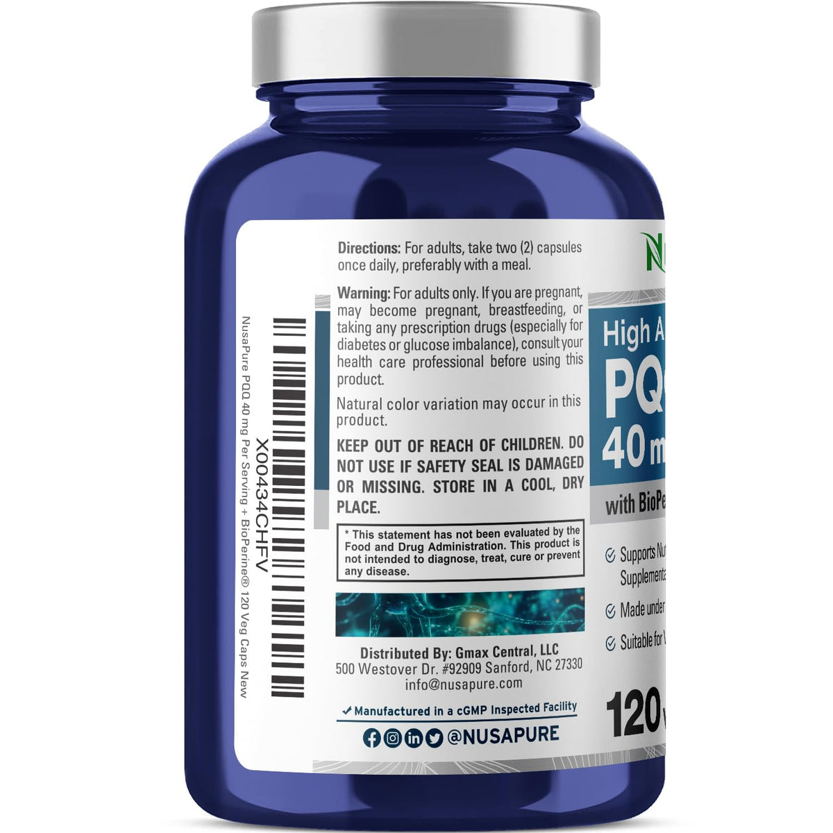 NusaPure PQQ Supplement 40 mg, 120 Veggie Capsules, Non-GMO, Pyrroloquinoline Quinone Disodium Salt, Bioperine & Vegan NusaPureBuy Supplements Australia