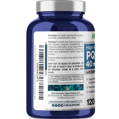NusaPure PQQ Supplement 40 mg, 120 Veggie Capsules, Non-GMO, Pyrroloquinoline Quinone Disodium Salt, Bioperine & Vegan NusaPureBuy Supplements Australia