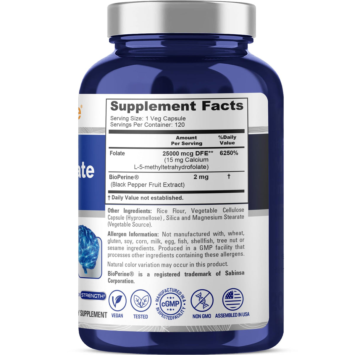 NusaPure L Methylfolate 15mg, 120 Veggie Capsules, Bioperine & Vegan NusaPureBuy Supplements Australia