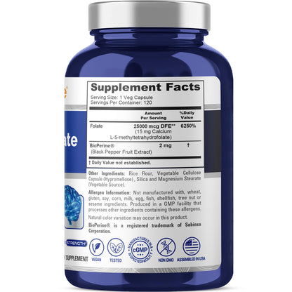 NusaPure L Methylfolate 15mg, 120 Veggie Capsules, Bioperine & Vegan NusaPureBuy Supplements Australia