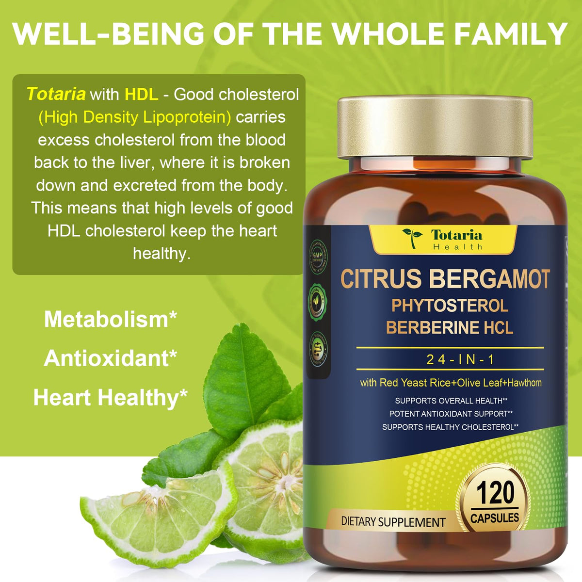 Citrus Bergamot Supplement for High Cholesterol - Italian Citrus Bergamot & Plant Sterols Stanols Natural Way to Balance Cholesterol Level,