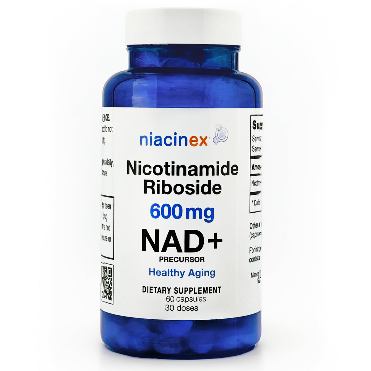 Blue supplement bottle labeled 'Niacinex' with white label on a white background