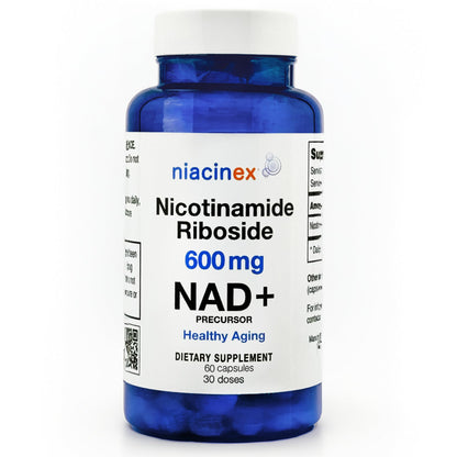 Blue supplement bottle labeled 'Niacinex' with white label on a white background