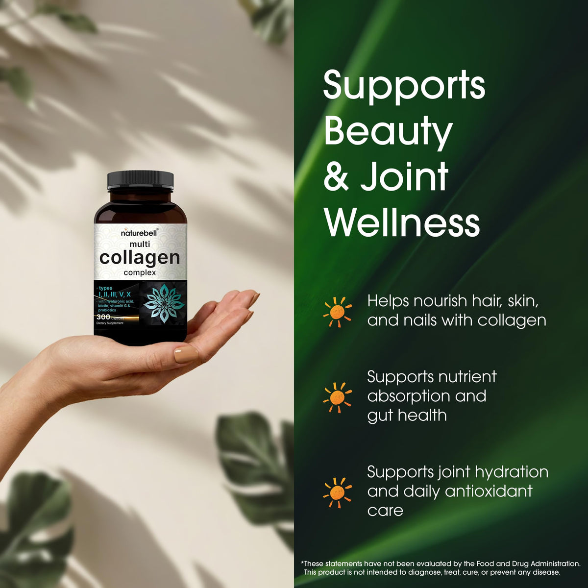 NatureBell Multi Collagen Complex - 300 Capsules - 5 Collagen Peptides (Type I, II, III, V, X), Hyaluronic Acid, Biotin & Probiotics