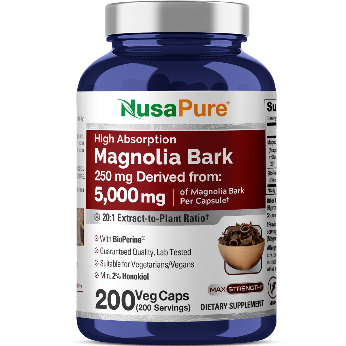 NusaPure Magnolia Bark 20:1 Extract, 250 mg Equivalent to 5,000 mg 200 Vegan Vegetarian Capsules Non-GMO NusaPureBuy Supplements Australia