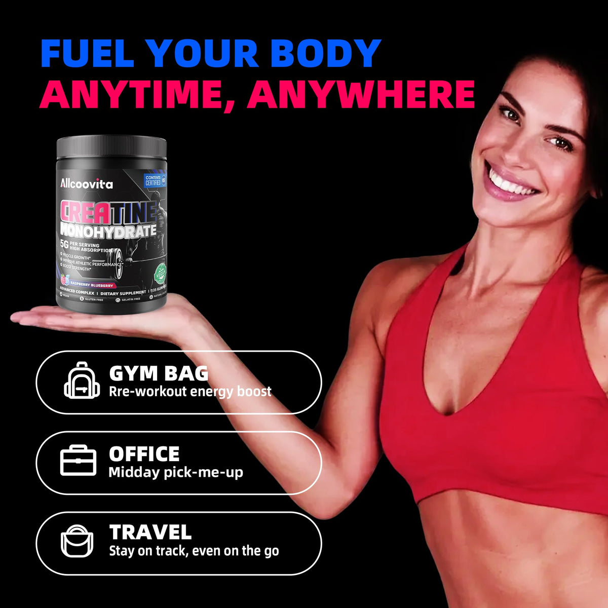 NSF Certified Creatine Gummy 5g - Creatine Monohydrate Gummies for Men & Women. Boost Focus,Strength, and Endurance, Anti-Melting Formula, Vegan, Gluten-Free, Non-GMO,(Raspberry & Blueberry 135 ct) AllcoovitaBuy Supplements Australia