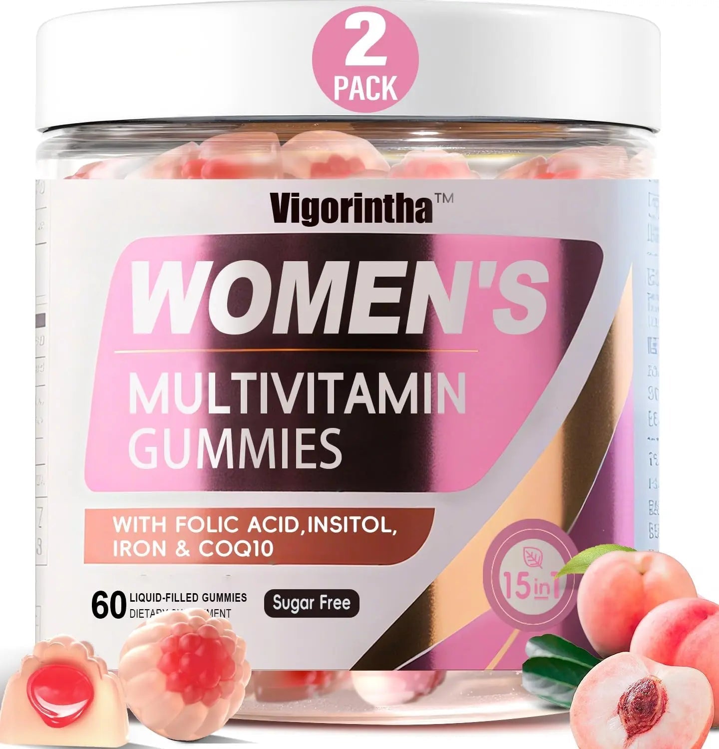 Vigorintha 2 Pack Sugar Free Womens Multivitamin Gummies with 19 Multi Vitamins & Minerals,Iron,Calcium,Folate,Biotin,Inositol Vigorintha