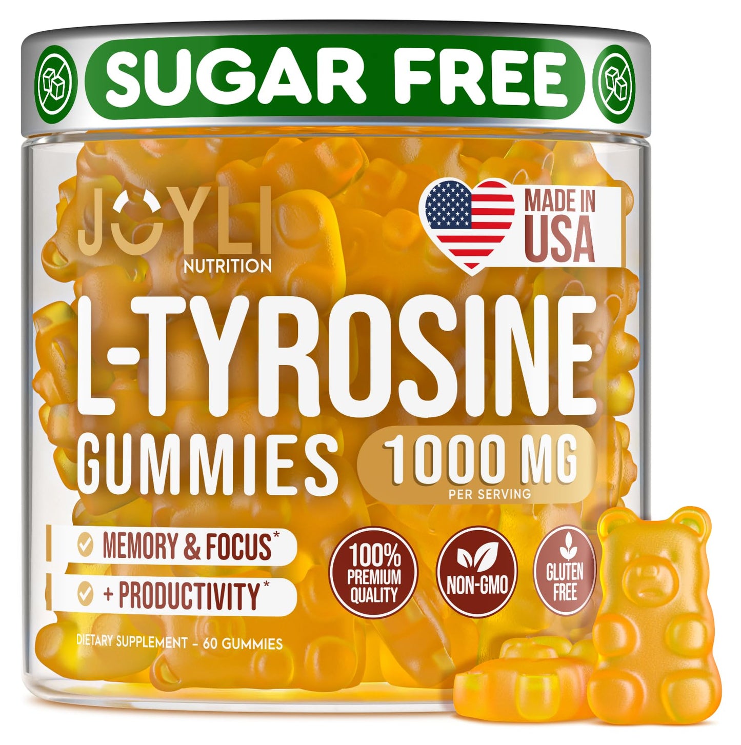 Joyli L Tyrosine Gummies 1000MG - L-Tyrosine Supplement for Kids & Adults - Calm & Focus Gummies for Brain, Memory, Mood, and Energy - 500mg L- Tyrosine Powder per Gummy - Vegan, Gluten-Free JOYLI NutritionBuy Supplements Australia