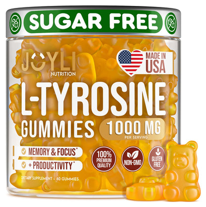 Joyli L Tyrosine Gummies 1000MG - L-Tyrosine Supplement for Kids & Adults - Calm & Focus Gummies for Brain, Memory, Mood, and Energy - 500mg L- Tyrosine Powder per Gummy - Vegan, Gluten-Free JOYLI NutritionBuy Supplements Australia